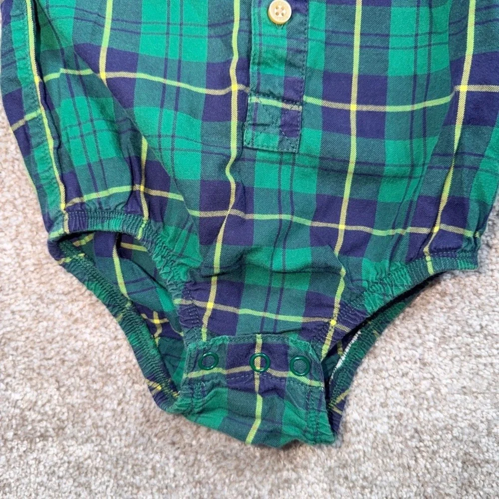 OshKosh Bgosh Baby Boy 24M Green Navy Plaid Flannel Long Sleeve Shirt Bodysuit